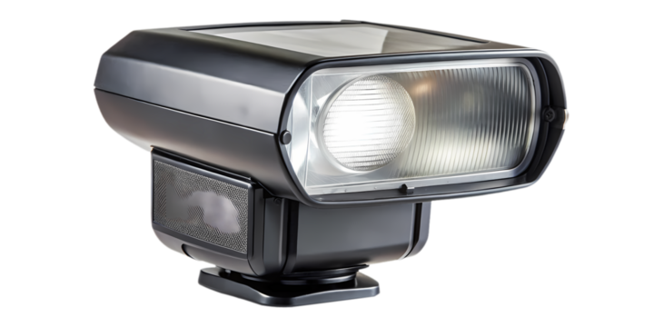 Studio photography lighting setup featuring a black flash head on transparent background