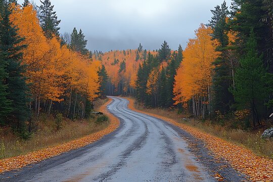 Winding road through autumn forest with colorful foliage and overcast sky
