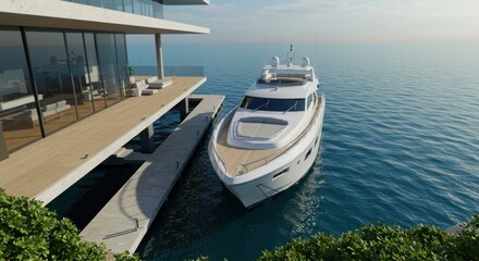 Luxury Yacht by Modern Seaside Villa - Illustration
