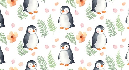 Obraz premium Penguin Seamless Pattern with Flowers and Ferns for Textile Design