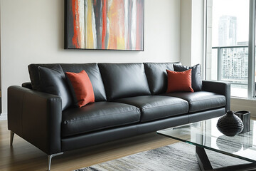 A sleek black leather sofa in a contemporary living room, accented by bold artwork and a glass coffee table.