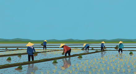 Rice Paddy Workers: Conical Hats, Water Reflections, Rural Landscape, Traditional Agriculture.