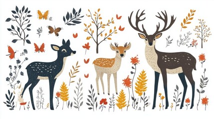 Cute woodland creatures and plants in autumnal design.