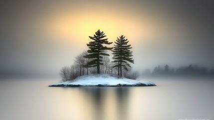 Misty winter island sunrise