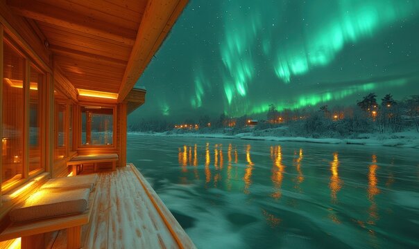 Wooden cabin overlooking a frozen river with the aurora borealis.