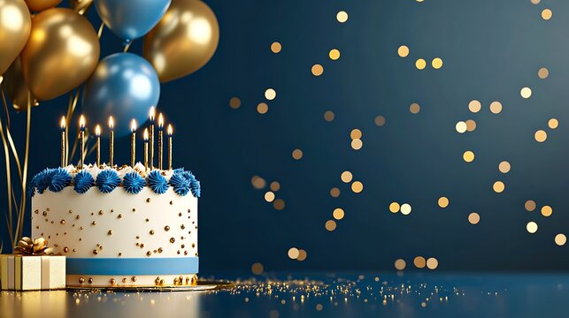 Elegant birthday celebration with blue and gold balloons, festive cake with candles, and golden confetti on blue background
