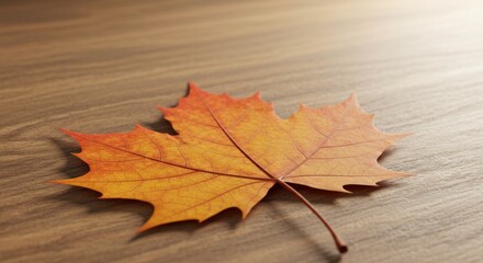 Autumnal Serenity: A Single Maple Leaf Resting on Warm Wooden Surface