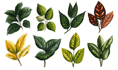 Fototapeta premium Highly detailed illustrations of various trees, leaves, grasses, and botanical elements, featuring realistic, minimalist, and abstract compositions on a white background.