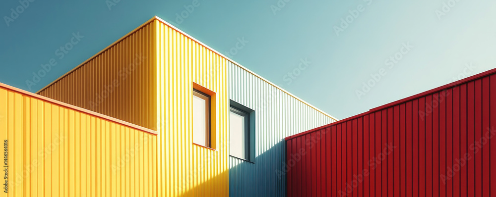 Poster a building with a yellow and red wall and a blue wall. the building has a triangular shape