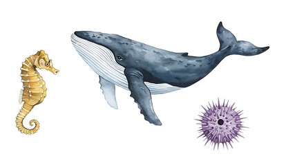 Fototapeta premium Watercolor Sea Life Illustration Featuring Whale, Seahorse and Sea Urchin