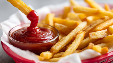 Delicious snack moment: ketchup and crispy french fries in perfect harmony