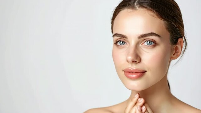 Close-up video of serene woman touching glowing skin with eyes closed