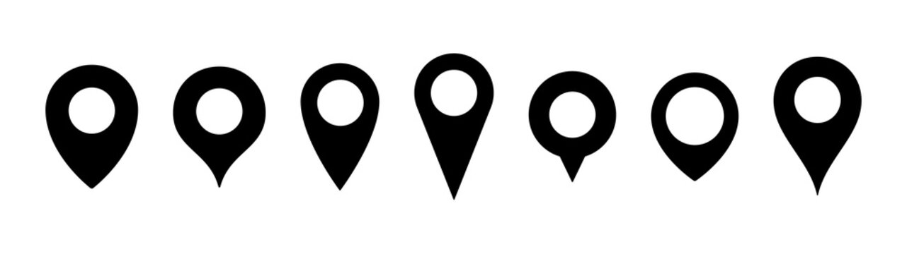 Map pin icons. Location pin or place marker icon set. Black solid icons on white background.