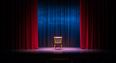 Solitary chair under spotlight on a dramatic stage with blue and red curtains