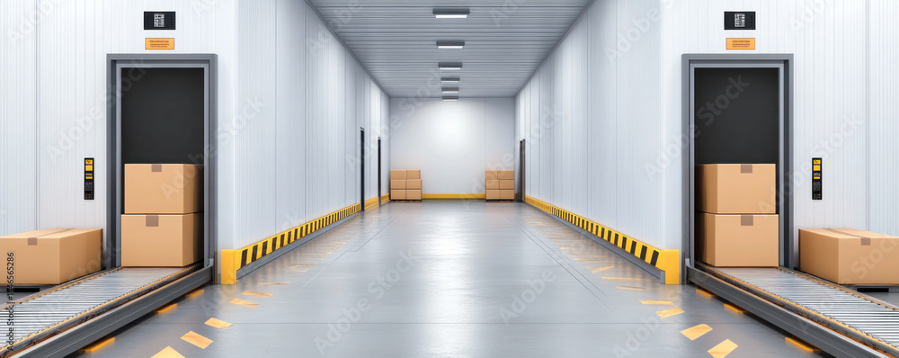 Poster a large warehouse with a long, empty aisle. the boxes are stacked in rows and the floor is tiled