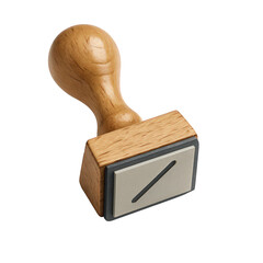 A classic wooden rubber stamp with a clean, gray pad featuring a simple diagonal line mark for clear impressions.