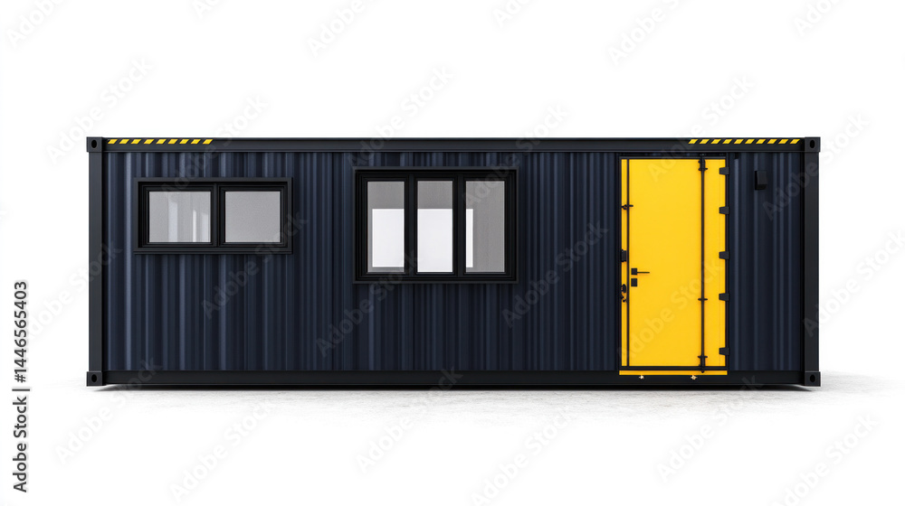 Poster a black and yellow container with a yellow door. the door is open and the container is empty
