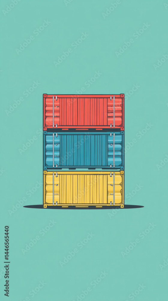 Aufkleber three stacked containers of different colors, with a blue container on the bottom, a red container i