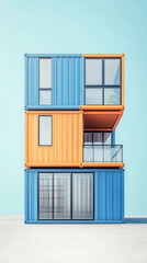 A blue and orange building with a balcony. The building is made of shipping containers. The blue and orange colors give the building a unique and modern look