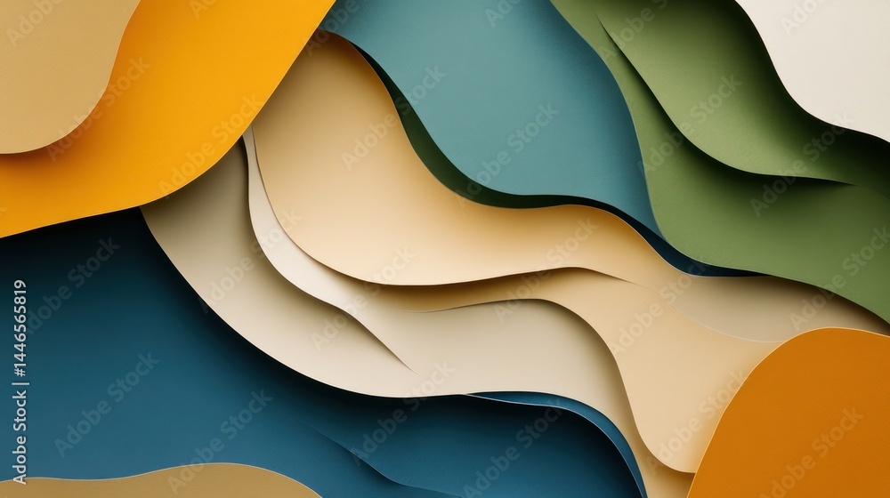 Poster abstract layered paper design, vibrant colors flowing in wavy patterns. detailed color palette with 