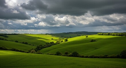 Fototapeta premium Green hills under cloudy sky. Photo