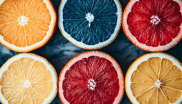 Vibrant citrus fruit slices arranged in a visually appealing grid pattern, showcasing their juicy textures and rich colors.  A captivating food image perfect for culinary blogs or advertisements.