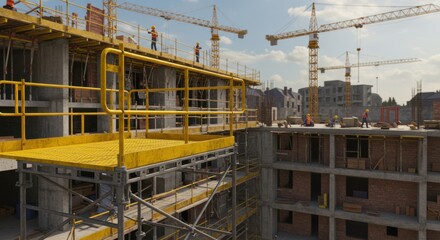 Construction Site: High-Rise Building Under Construction with Workers and Cranes