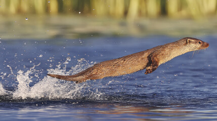 Obraz premium Otter diving enthusiastically in freshwater habitat for wildlife conservation awareness