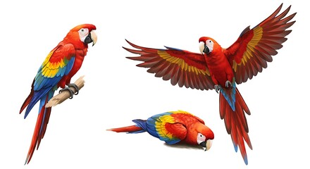 Fototapeta premium Three Colorful Macaw Parrot Poses Flying Perched and Resting Illustration