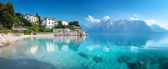 Scenic coastal view featuring a tranquil beach, clear water, buildings, and mountains in the background