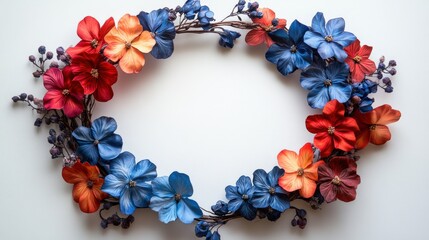 Colorful floral wreath arrangement with blue and red flowers on a white background