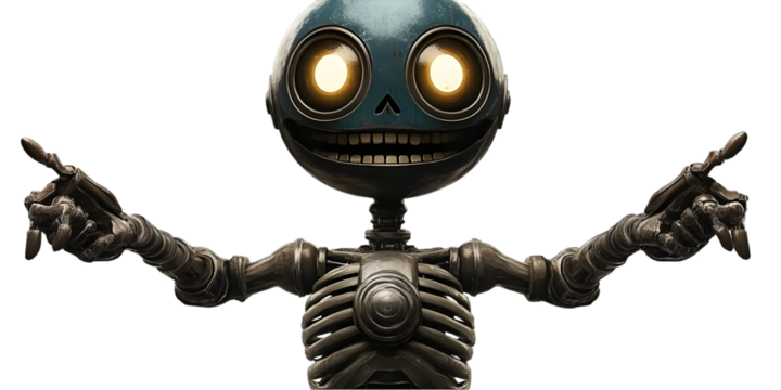 3D Illustration Of A Glowing Skeleton Character Pointing Against Dark Background