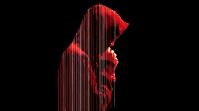 Person wearing red hooded jacket stands in dark space with vertical light streaks and silhouette, creating mysterious and intense mood and atmosphere