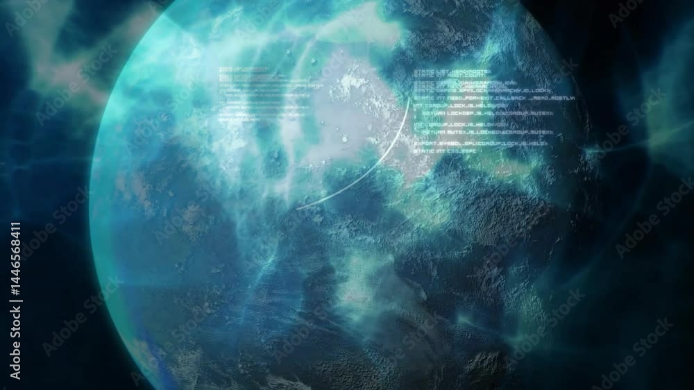 Poster 3d render showing blue green planet rotating, with code streams and network wisps