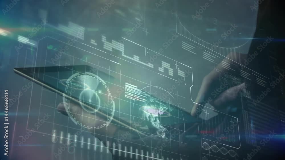 Poster hands holding tablet while projecting holographic ui with map, charts, grid lines in flat design