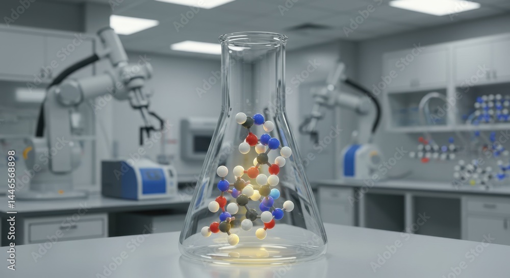 Poster molecular structure in a laboratory erlenmeyer flask: advanced scientific research and technological