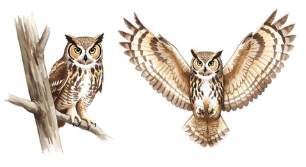 Fototapeta premium Detailed Watercolor Owl Illustrations Including One Flying and One Perched
