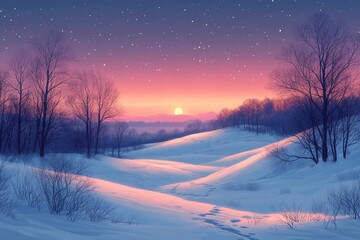 Snowy hills sunset winter landscape