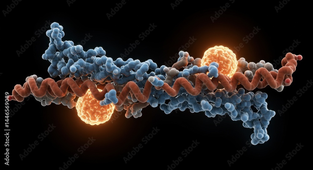 Aufkleber 3d model of dna with bound proteins and viruses: a visual representation of molecular interactions i