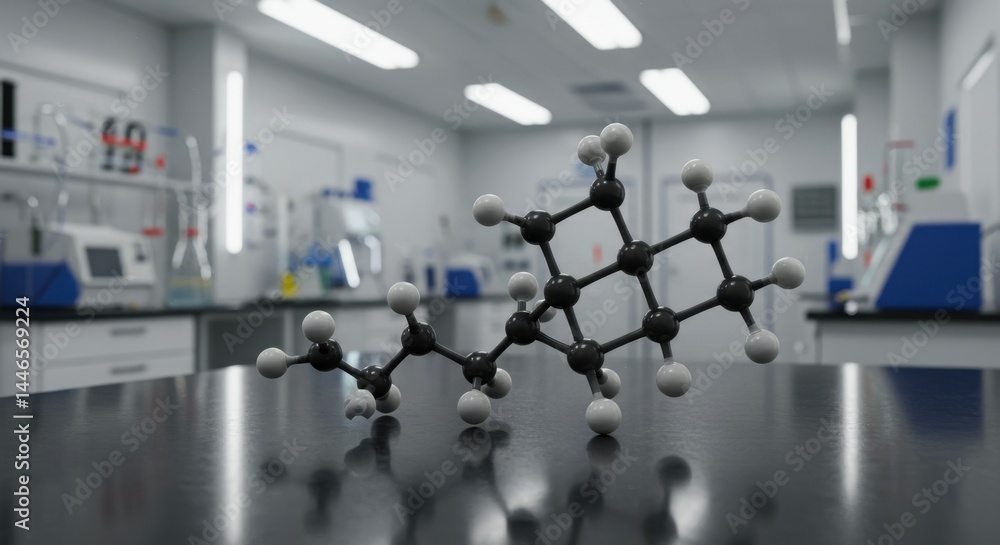 Poster molecular structure in modern scientific laboratory: a 3d model of a complex compound on a sleek lab