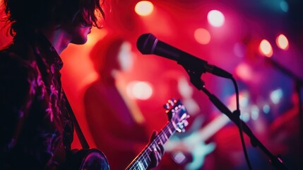 Obraz premium Live music performance, vibrant stage lighting. Musicians playing guitars and singing