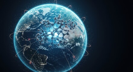 Obraz premium Global Pandemic Visualization: A Molecular Structure Overlays Earth's Night Lights, Illustrating the Worldwide Spread of Disease