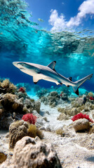 Fototapeta premium Juvenile reef shark gliding through vibrant coral reef in crystal clear waters