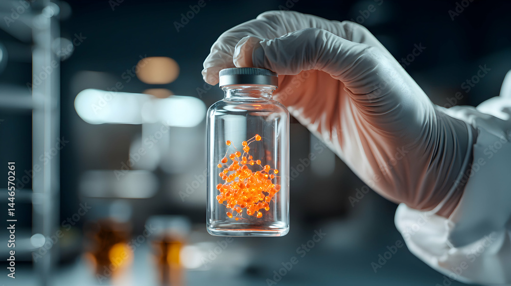 Poster a scientist holds a vial containing glowing orange particles in a lab setting. this could represent 