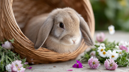 Cute rabbit resting in wicker basket amidst colorful flowers