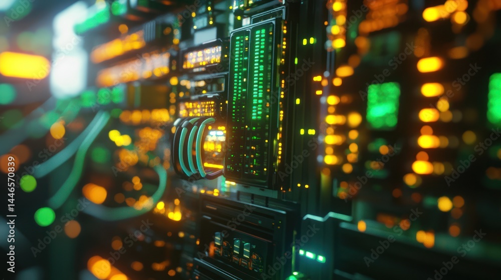 Poster futuristic server panel with glowing components. detailed close-up view of intricate circuit boards,