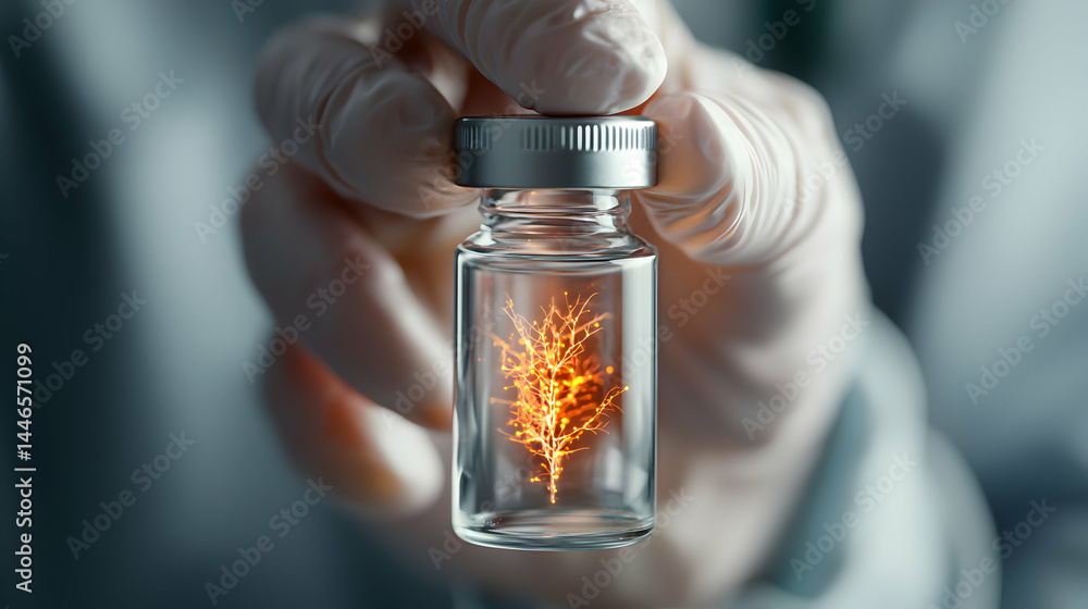 Poster a vial containing glowing cellular structures held by gloved hands. the image hints at scientific re