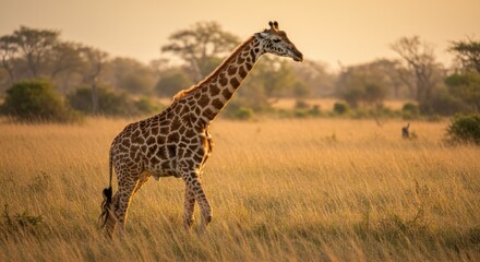 Obraz premium Giraffe Walking in Golden Field, Photo