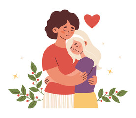 Happy Cute woman mother with her daughter. Vector illustration in flat style for festive design of family and mother day