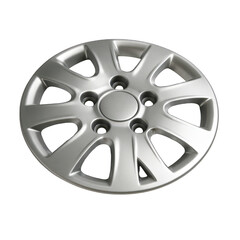 Obraz premium Clean silver plastic wheel cover, a durable automotive accessory providing style and protection for car wheels.